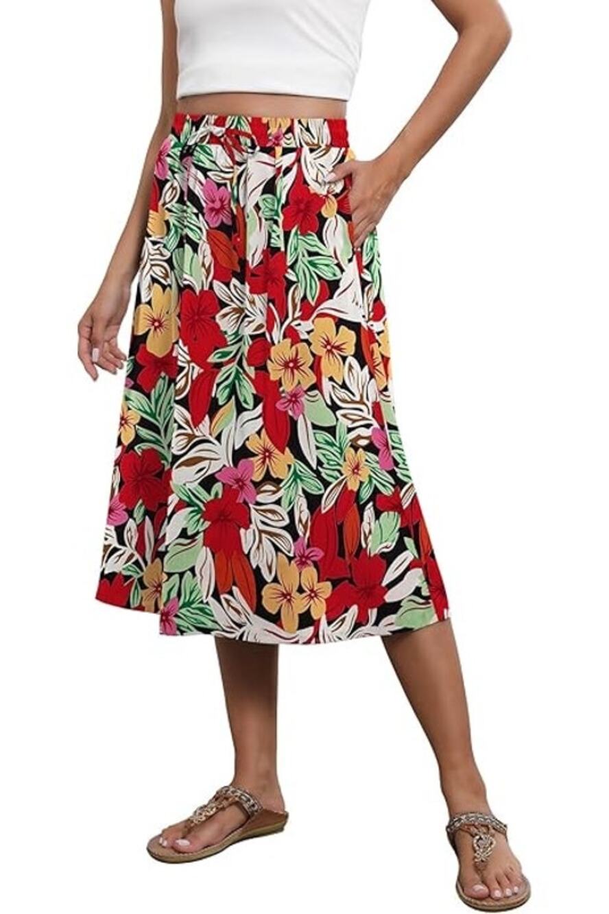 Flowy Skirt Midi Length Elastic High Waist A-Line Skirt with Pockets X-Large